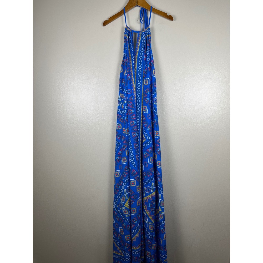 Flying Tomato Womens Large Maxi Dress Blue Geometric Tribal Print Halter Neck